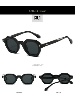 Detailed multi-angle views of black hexagonal sunglasses with golden metal studs