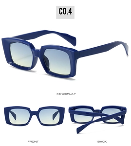 Detailed views of square blue gradient sunglasses from front back and 45-degree angles