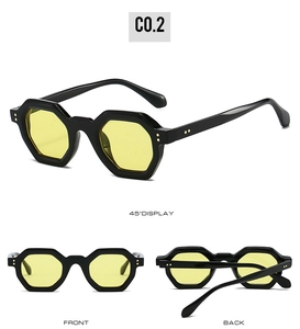 Detailed views of vintage polygon sunglasses with yellow lenses and rivet accents