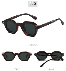 Three-angle view of tortoiseshell polygon sunglasses with metal stud accents and dark lenses