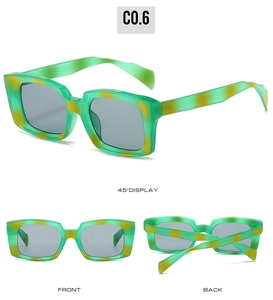 Three views showing retro green and yellow tortoiseshell square sunglasses with gray lenses