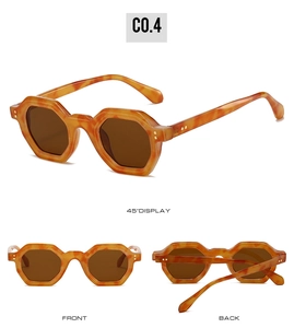 Detailed views of vintage hexagonal amber sunglasses with brown lenses and metal rivets
