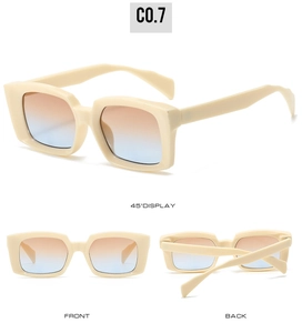 Detail view of square beige sunglasses with blue orange gradient lenses from multiple angles