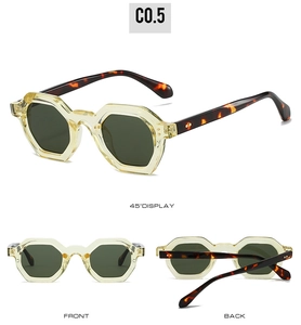 Detailed multi-angle views of retro polygon sunglasses with amber frames and green lenses