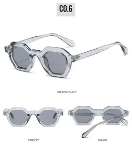 Detail view of hexagonal grey sunglasses showing front, back and 45-degree angle display