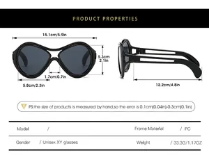 Size chart showing exact dimensions of black devil cat eye party sunglasses in cm and inches