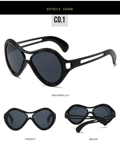 Detail view of black cat eye sunglasses showing front, back, and 45-degree angles