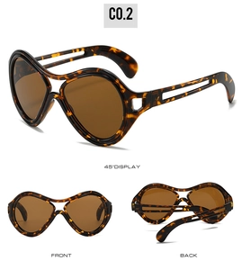 Detailed views of tortoise shell sunglasses with unique hollow temple design and brown lenses