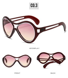 Detailed views of wine red cat eye sunglasses with gradient lenses and cut-out frame design