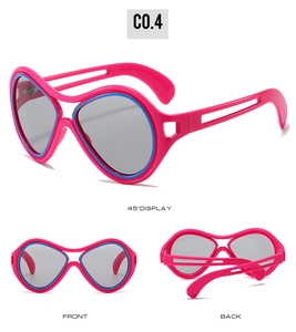 Detailed views of pink cat eye sunglasses with blue inner trim and hollow temples