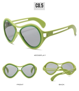 Three-view display of light green cat-eye sunglasses with unique wavy frames and grey lenses