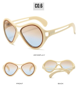 Multi-angle view of cream cat-eye sunglasses with unique hollow temples and gradient lenses
