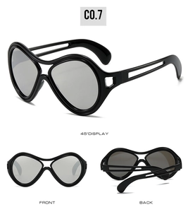 Three-view display of trendy black cat-eye devil sunglasses from front and side angles