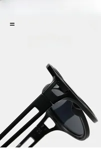 Detail of high-gloss resin sunglasses hinge with double-bar hollowed temple design