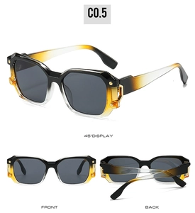 Tre viste di occhiali da sole geometrici oversize con montatura sfumata nero giallo e rivetti