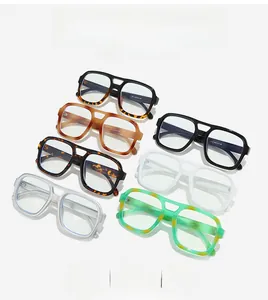 Detailed flat lay of aviator style double bridge glasses frames in seven diverse colors