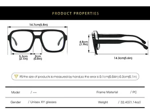 Size chart for pilot-style double bridge glasses with PC frame dimensions and weight