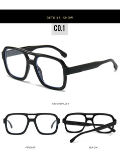 Three-angle view of black aviator glasses frames showing front, back, and 45-degree angle