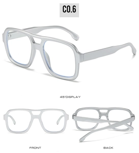 Three perspectives of silver double-bridge eyeglasses frames showing front, back and 45-degree angle