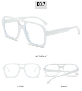 Detail view showing white double-bridge eyeglasses with 45-degree, front, and back angles