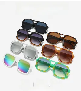Detailed view of square aviator sunglasses in multiple colors and double bridge design