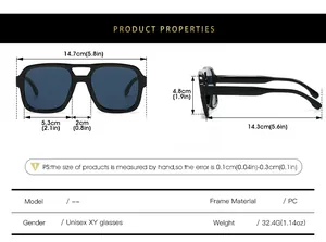 Detailed size chart for square frame sunglasses with precise millimeter measurements