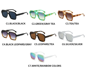 Flat lay of retro square aviator sunglasses in seven assorted colors and finishes