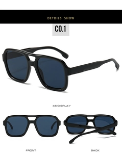 Multi-angle view showing front and side details of square black polarized sunglasses