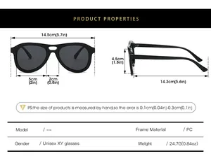 Detailed size chart for oversized pilot sunglasses showing frame and lens dimensions