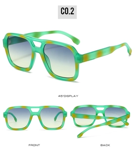 Three views of square sunglasses with translucent green frames and blue-yellow gradient lenses