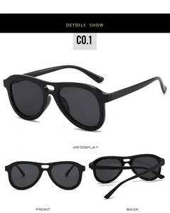 Three perspectives of oversized black pilot sunglasses with double-bridge hollow design