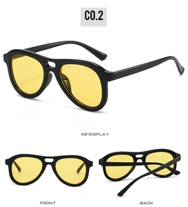 Three views of oversized aviator sunglasses featuring a black frame and yellow lenses