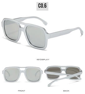 Three-angle view of square oversized sunglasses with silver metallic frames and polarized lenses