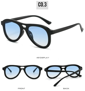 Black pilot sunglasses with blue gradient lenses shown from front, back, and side angles