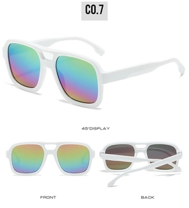 Front and side view of square white sunglasses with rainbow lenses and double-bridge frame