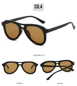 Detailed views of oversized pilot sunglasses with black frames and brown tinted lenses