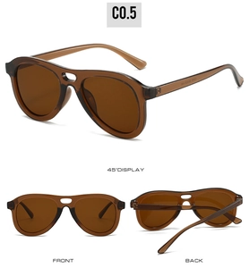 Three-view layout of brown pilot oversized sunglasses with detail of front and back sides