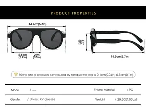 Detailed size chart of oversized pilot sunglasses with frame and temple dimensions