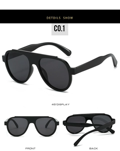 Detailed views of black oversized pilot sunglasses with a sleek straight top bar frame