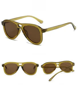 Three-view layout of amber aviator sunglasses with brown lenses and metal hinges