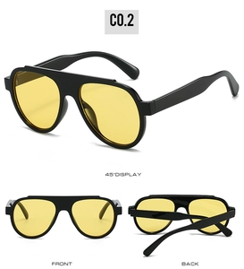 Three views of aviator sunglasses with yellow lenses and thick black frames C0.2