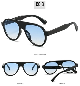 Flat top oversized sunglasses with black frame and blue gradient lenses shown in multi-views