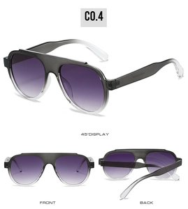 Detail view of aviator sunglasses with purple gradient lenses and dark grey frames