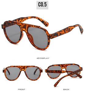 Detail view of tortoiseshell aviator sunglasses with gray lenses from multiple angles