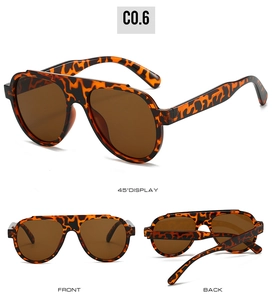 Detailed three-way view of leopard print oversized sunglasses with brown tinted lenses