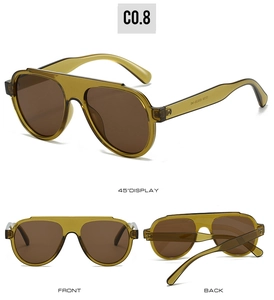 Detailed views of aviator sunglasses with amber frames and dark brown lenses