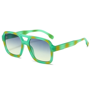 Green tortoise square oversized sunglasses with blue and yellow gradient lenses