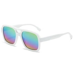 Modern white square sunglasses with colorful iridescent lenses in a 3/4 side view