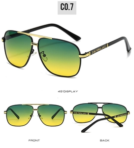 Vue détaillée des lunettes aviateur avec verres dégradés jaune-vert et monture dorée