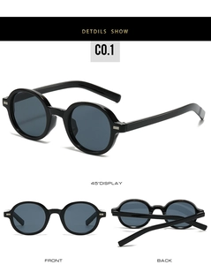 Retro schwarze runde Sonnenbrille mit dunkelgrauen Gläsern in mehreren Ansichten
